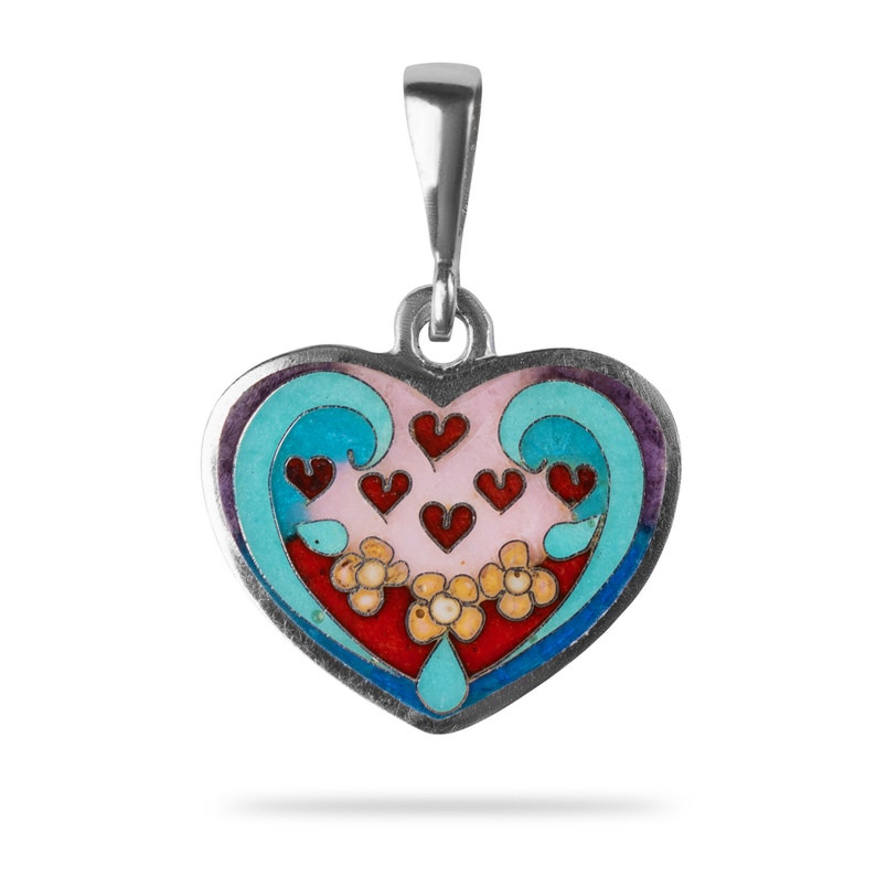 Dainty Sterling Silver Heart Necklace, Handcrafted Cloisonné Enamel Pendant, Perfect Gift Idea, Wearable Art Jewelry image 2