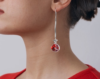 Eternal Aphrodite Pomegranate Dangle Earrings in Sterling Silver, Cloisonné Enamel, Unique Artisan Jewelry, Ideal Gift, Wearable Art