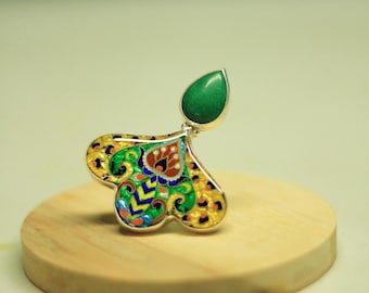 Adjustable Sterling Silver Green Agate Statement Ring with Leopard Print, Unique Cloisonné Enamel Technique, Wearable Art Jewelry