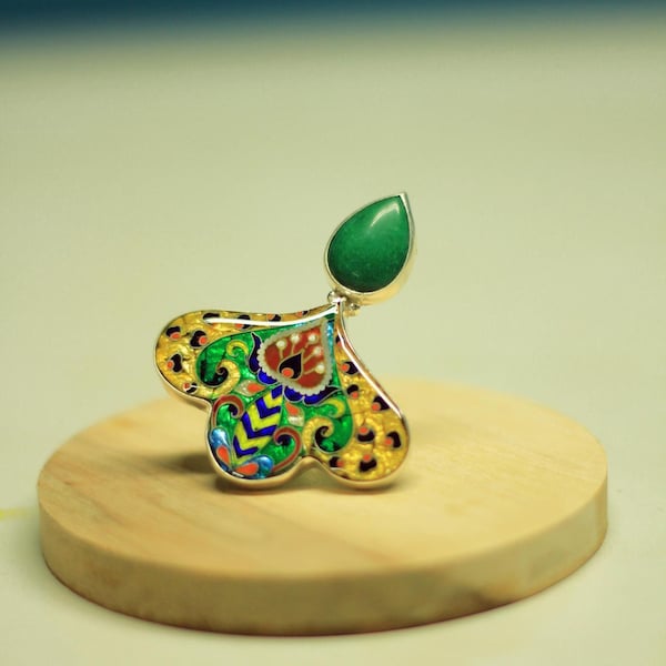 Adjustable Sterling Silver Green Agate Statement Ring with Leopard Print, Unique Cloisonné Enamel Technique, Wearable Art Jewelry