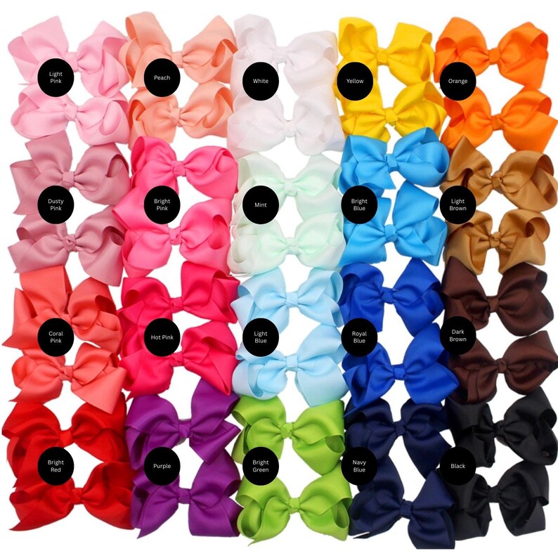 Puede incluir: Una colecci&oacute;n de lazos para el cabello coloridos en varios tonos, incluyendo rosa, naranja, amarillo, azul, verde y morado. Cada lazo est&aacute; etiquetado con su nombre de color, como "Rosa claro", "Azul brillante" y "Negro."