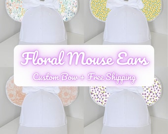 Gorro con orejas de ratón florales / Orejas personalizadas inspiradas en Disney / Estampados en rosa, azul y flores silvestres / Elige tu tela / Gorro de parque temático