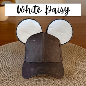 White Daisy (Bride/Groom) Mouse Ears Hat – Comfortable Mickey Ears Baseball Cap for Adults, Adjustable Disney Hat