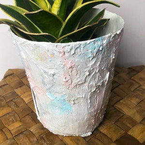 May include: A white planter with a textured surface and pink, blue, and yellow paint accents. A green snake plant with yellow stripes is growing in the planter.