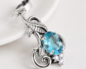 925 Sterling Silver Pendant, Natural Blue Topaz Faceted Gemstone Pendant, Oval Shape Blue topaz Statement Pendant Jewelry, Gift for Her