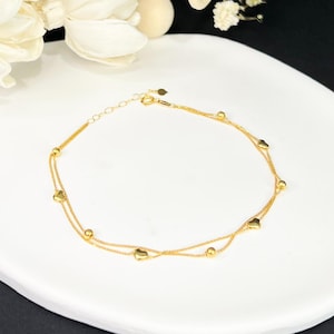 18K Solid Gold Heart Bracelet, Double Strand Beaded Bracelet, Adjustable Gold Chain, Dainty Minimalist Jewelry, Gift for Her
