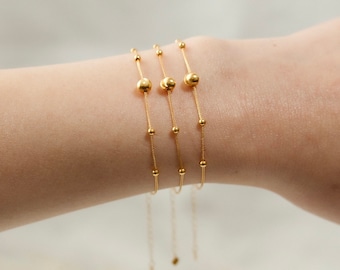 18K Solid Gold Beaded Bracelet, Adjustable Dainty Ladies Bracelet, Minimalist Jewelry, Gift for Her