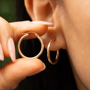 18K Solid Gold Hoop Earrings, 19.5mm x 2mm, Everyday wear, Casual wear, Gift For Her, Birthday Gift, Anniversary Gift, Christmas Gift