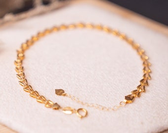 18K Solid Gold Wheat Chain Bracelet, Herringbone Style, Adjustable Dainty Gold Layering Jewelry, Elegant Everyday Gift for Her
