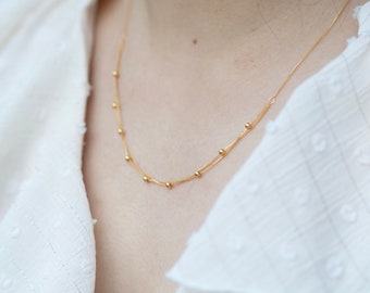 18K Solid Gold Beaded Necklace, Dainty Gold Chain Necklace, Minimalist Jewelry, Layering Necklace, Gift for Her