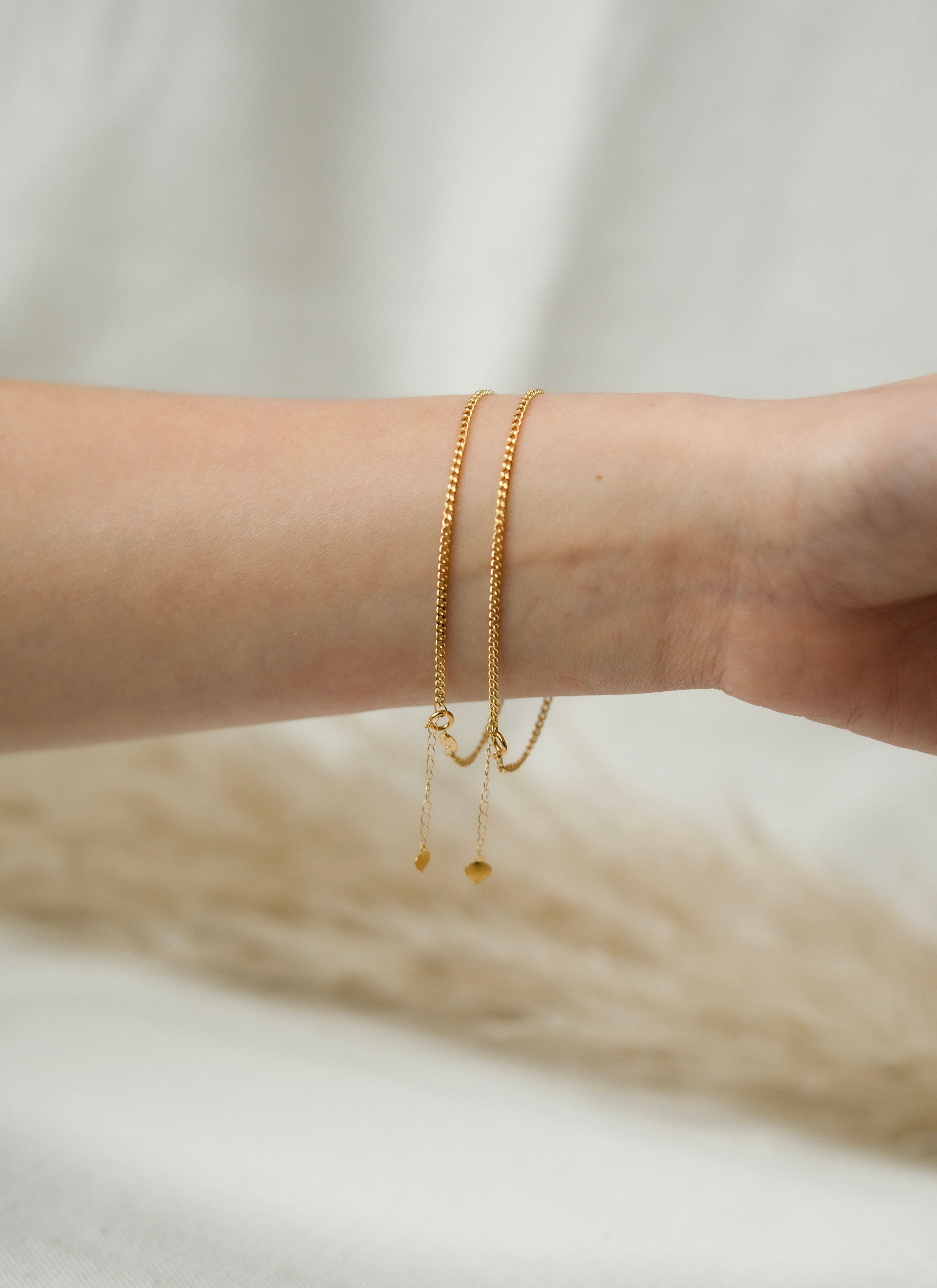 18K Solid Gold Curb Bracelet, Adjustable Gold Chain Bracelet