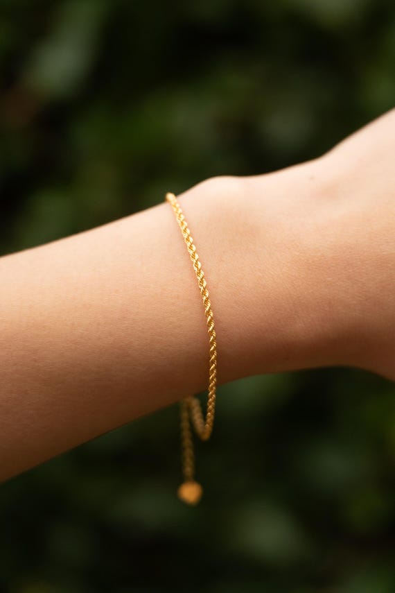 18K Solid Gold Rope Bracelet, Adjustable Au750 Gold Bracelet