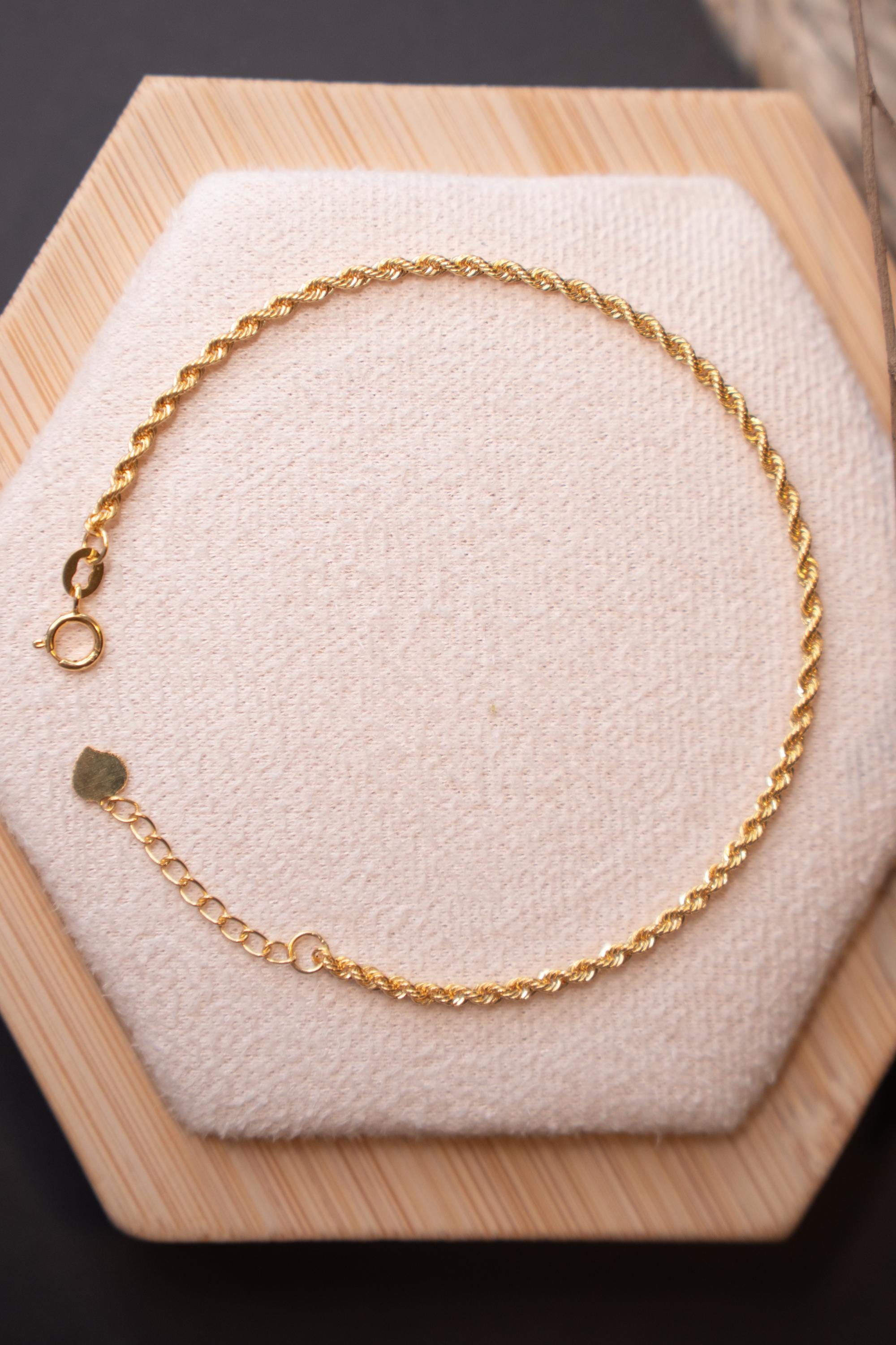 18K Solid Gold Rope Bracelet, Adjustable Au750 Gold Bracelet