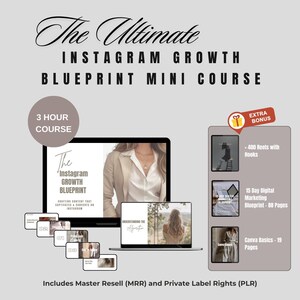 Könnte beinhalten: Ein digitaler Marketingkurs mit dem Titel "The Ultimate Instagram Growth Blueprint Mini Course" mit einer Dauer von 3 Stunden. Der Kurs beinhaltet einen Bonus von 400 Reels mit Hooks, einen 15-tägigen digitalen Marketing-Blueprint mit 88 Seiten und Canva-Grundlagen mit 19 Seiten. Der Kurs beinhaltet auch Master Resell und Private Label Rights.