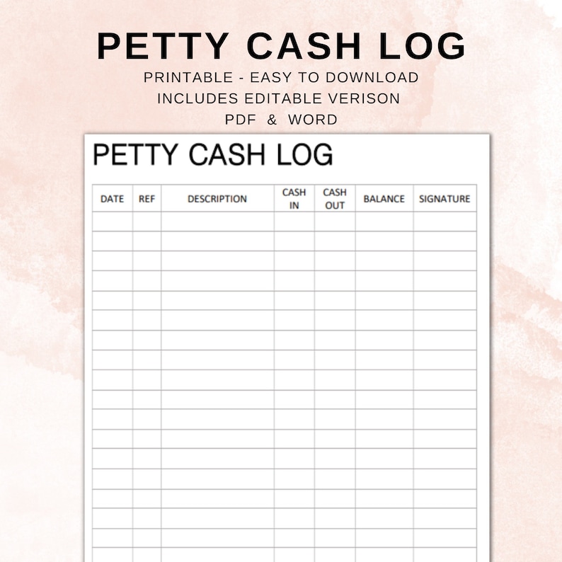 Petty cash log fillable and printable cash flow sheet small etsy