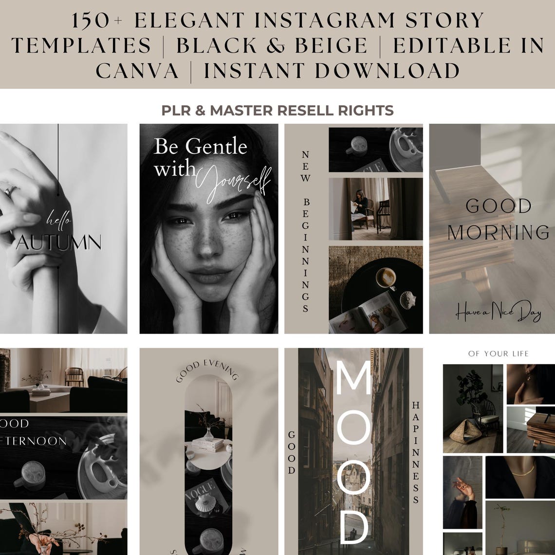 100+ Elegant Instagram Story Templates Black & Beige Editable in