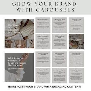 May include: A collage of nine images with tips on how to grow your brand with carousels. The images are in a grid format and each image has a different tip. The tips include: Identify the Challenge, Develop a Game Plan, Stay Positive and Resilient, Learn and Adapt, Celebrate Small Wins, Ready to Turn Your Vision into Reality, Focus on Customer Onboarding, Keep Communication Consistent, Engage Regularly on Social Media, Create a Sense of Community, Implement a Loyalty Program, Deliver Consistent Value. The text "Grow Your Brand with Carousels" is at the top of the collage.