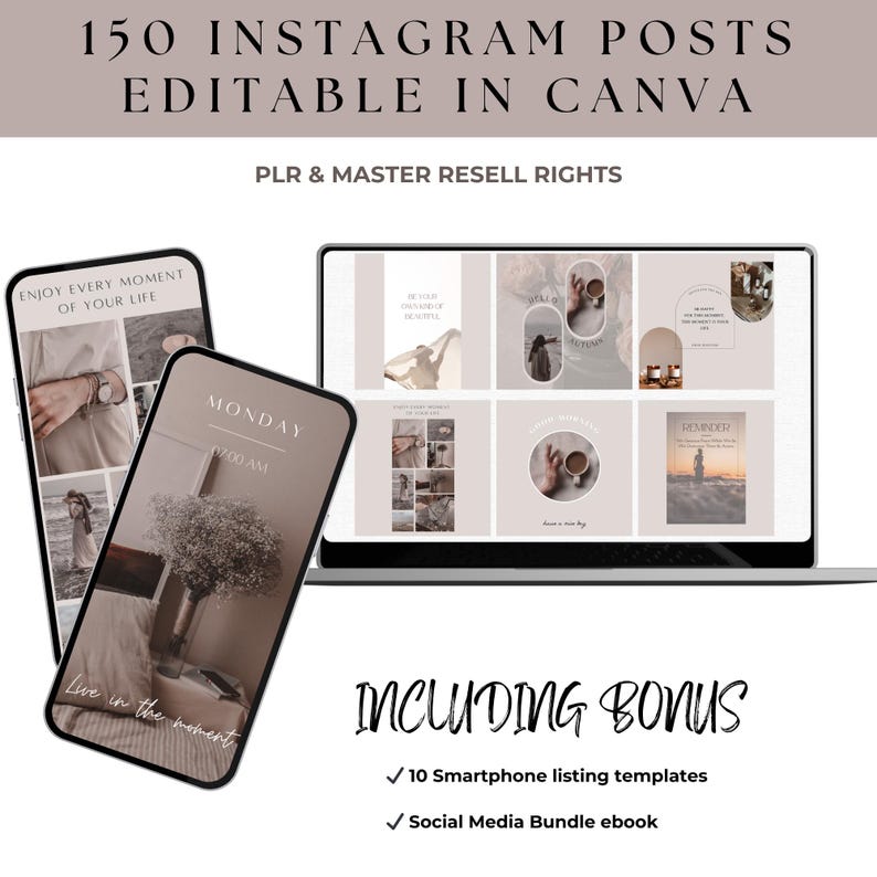 150 Minimalist Instagram Post Templates: Canva Social Media (PLR & MRR ...