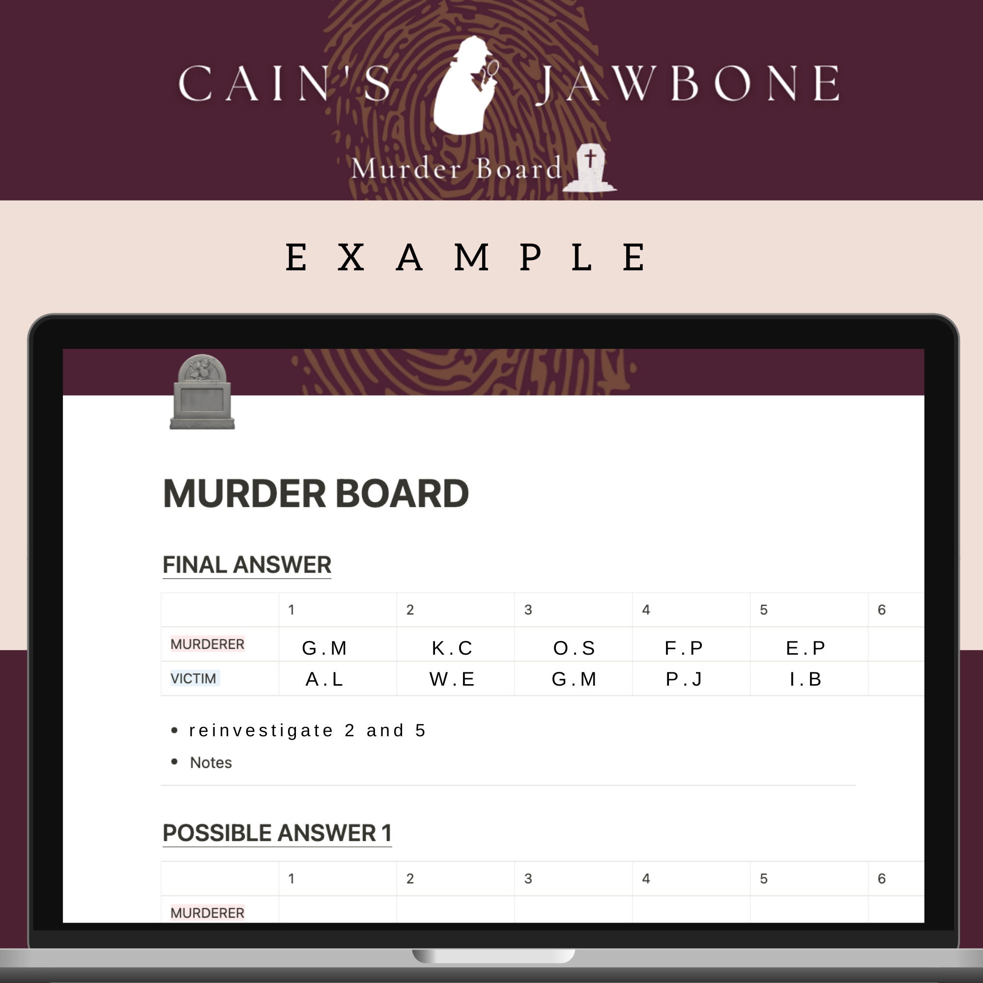 Buy Digital Murder Board for Cain's Jawbone Notion Template Online in