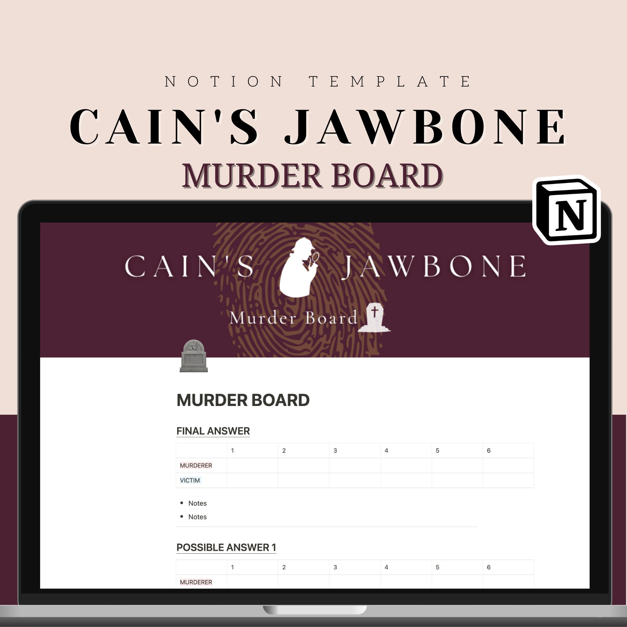 Buy Digital Murder Board for Cain's Jawbone Notion Template Online in