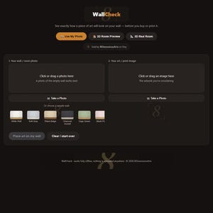 May include: A digital interface titled WallCheck with a dark background. It features sections to upload wall photos and art images, buttons for 3D room previews, and a selection of sample wall colors including white, soft gray, warm beige, charcoal, sage green, and blush.