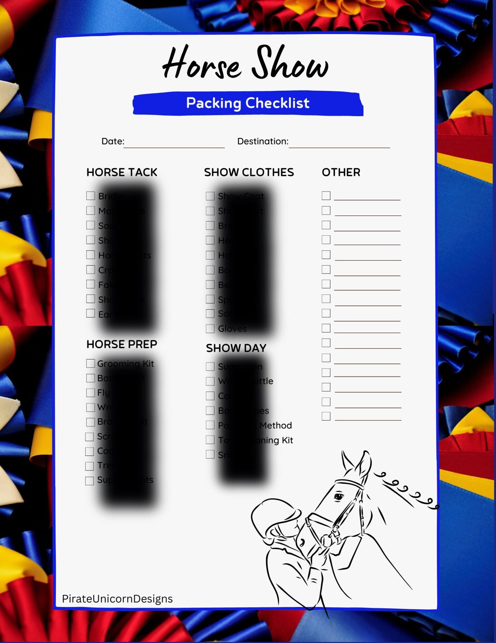 Digital Printable Horse Show Packing List Hunter Jumper Equitation