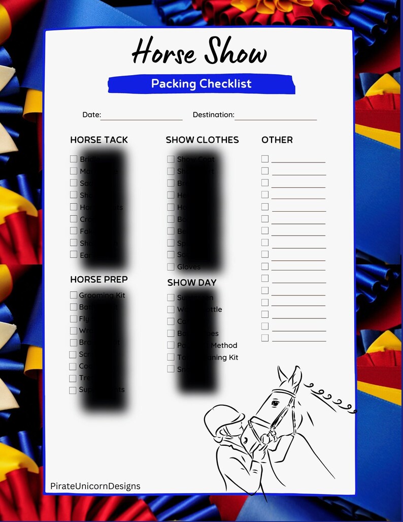 Digital Printable Horse Show Packing List Hunter Jumper Equitation