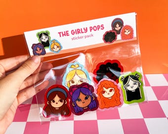 6pcs Girly Pop Sticker Pack | Hand-Drawn, Glossy Waterproof Stickers, Cute Colorful Girly Sticker Set, Vinyl Stickers, Girly Pop Stickers