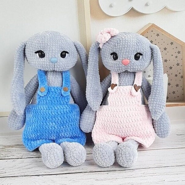 Crochet PATTERN Bunny in overall, Amigurumi tutorial in English, stuffed toy bunny, easter gift