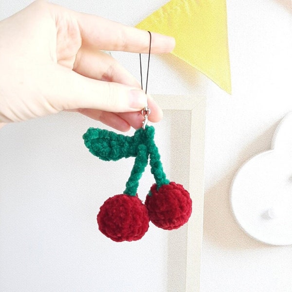 Crochet PATTERN Cherry keychain, no sew, Amigurumi tutorial PDF in English