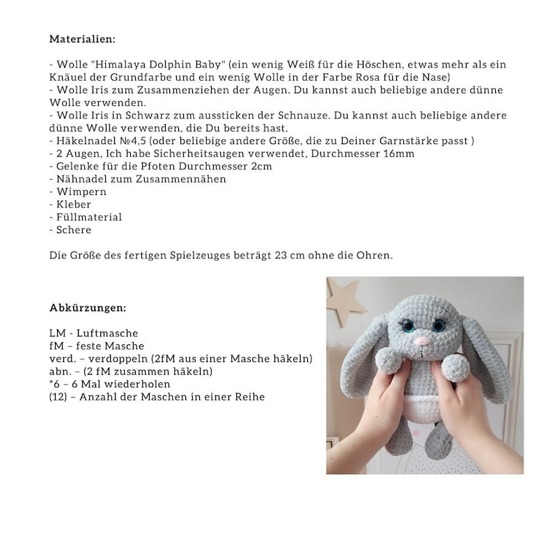 May include: A gray crocheted bunny with pink ears and blue eyes. The bunny is wearing a white diaper and is 23 inches tall without the ears.