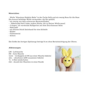 May include: A yellow crocheted bunny with black eyes and a pink bow. The bunny is 8 cm tall and is made with "Himalaya Dolphin Baby" yarn. The instructions include abbreviations for crochet stitches, such as LM for "Luftmasche" (German for "loop stitch") and fM for "feste Masche" (German for "single crochet").