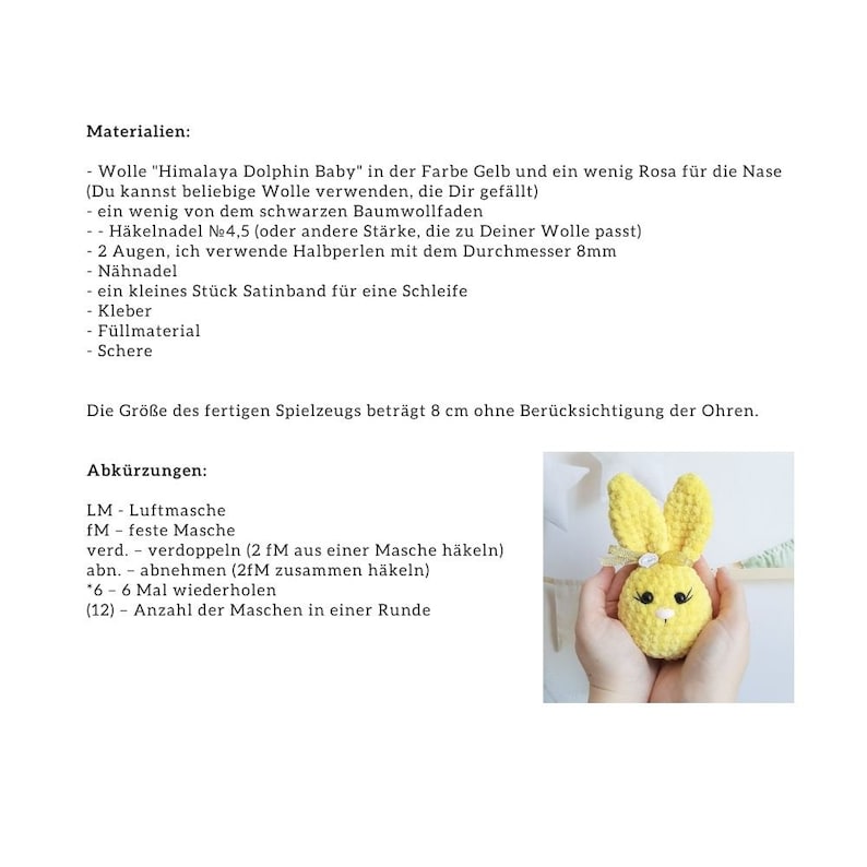 May include: A yellow crocheted bunny with black eyes and a pink bow. The bunny is 8 cm tall and is made with "Himalaya Dolphin Baby" yarn. The instructions include abbreviations for crochet stitches, such as LM for "Luftmasche" (German for "loop stitch") and fM for "feste Masche" (German for "single crochet").