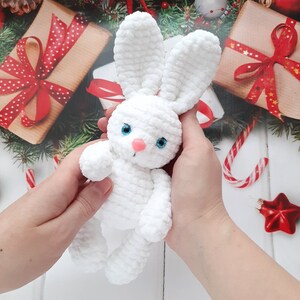 May include: White crocheted bunny with blue eyes and a pink nose. The bunny is being held by a person's hands.