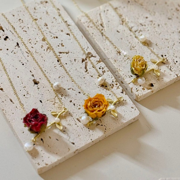 Divergent Blooms: Handmade Real Flower Twig Rose Necklace with Unique Petal Shapes