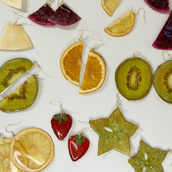 Deliciously Fruity Handmade Real Dried Fruit Slices Earrings - Lemon, Orange, Strawberry, Kiwi, Dragon fruit, Watermelon  | Summer Series