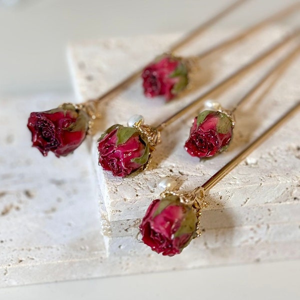 Blossom Craft: Handmade Resin-Dipped Dried Rose Hair Pin Single Flower