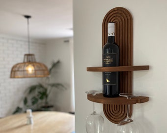 Mid-Century Modern Wine Bottle Shelf with Arched Wood Design - Walnut & Natural Colours Available