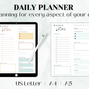 May include: A printable daily planner with a light blue and white color scheme. The planner includes sections for schedule, top priorities, self-care, brain dump, breakfast, lunch, and dinner. The text "DAILY Do's" is at the top of the planner.