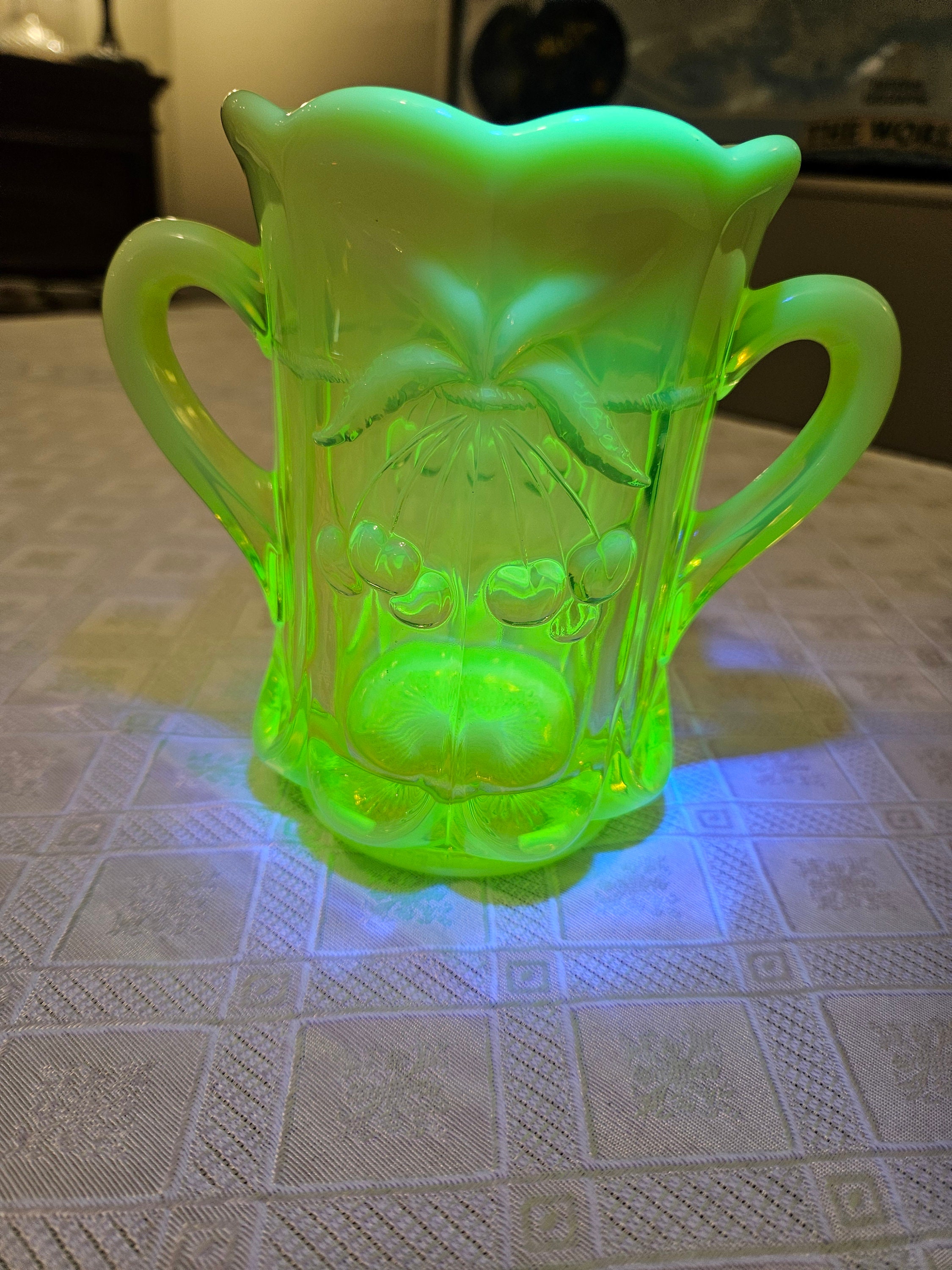 Rare Northwood Pattern Cherry and Cable Vaseline Glass Topaz