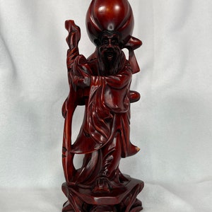 Vintage Japanese Fukurokuju God of Wisdom and Longevity Wooden 12” Carved Figure