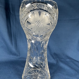 Vintage Tall Cut Crystal Vase with Daisy and Leaf Pattern
