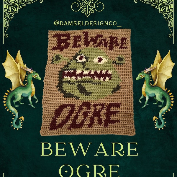 Beware Ogre Tapestry Crochet Pattern | PDF ONLY | Green Brown Crochet Wall Hanging Pattern | Instant Download
