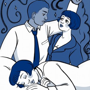 May include: A blue-toned illustration shows three figures. A person in a white shirt and blue tie gazes at a person in a blue blazer. Another person sleeps on a pillow. Swirls and stars decorate the background.
