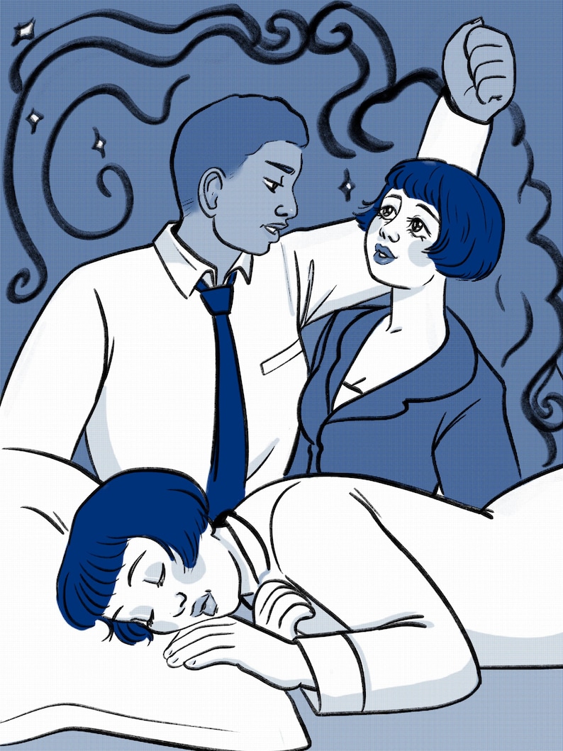 May include: A blue-toned illustration shows three figures. A person in a white shirt and blue tie gazes at a person in a blue blazer. Another person sleeps on a pillow. Swirls and stars decorate the background.