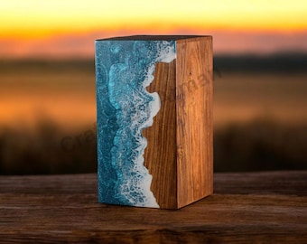 Handcrafted Rosewood & Beechwood Ocean Wave Memorial Urn | Artistic Ocean Wave Resin Urn Box for Ashes - Rosewood and Beechwood