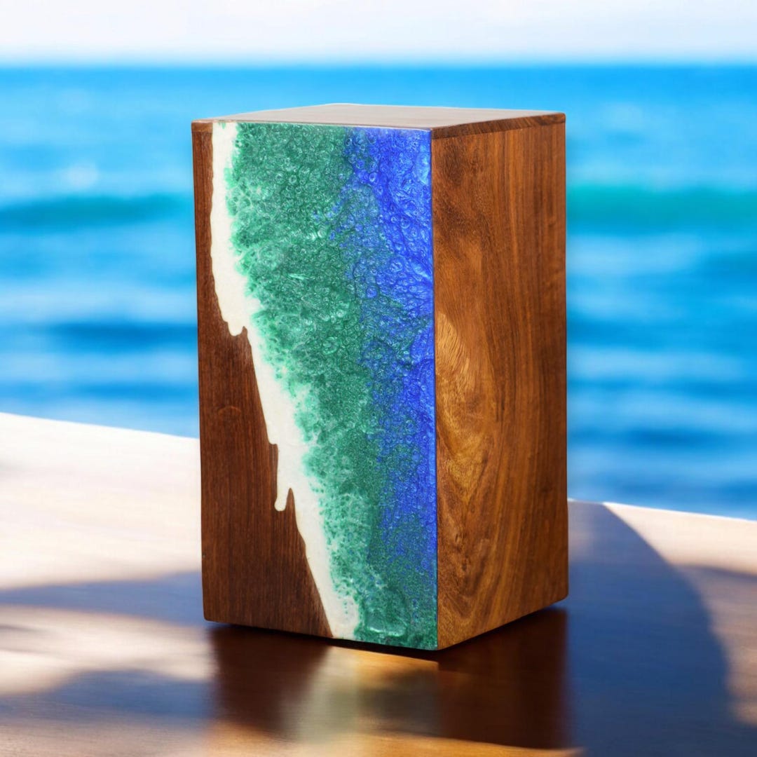 Rosewood Urn Box With Resin Ocean Wave Design Coastal Memorial Ash Box ...