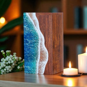 Handcrafted Rosewood Cremation Urn: Ocean Wave Resin Inlay, Coastal Memorial