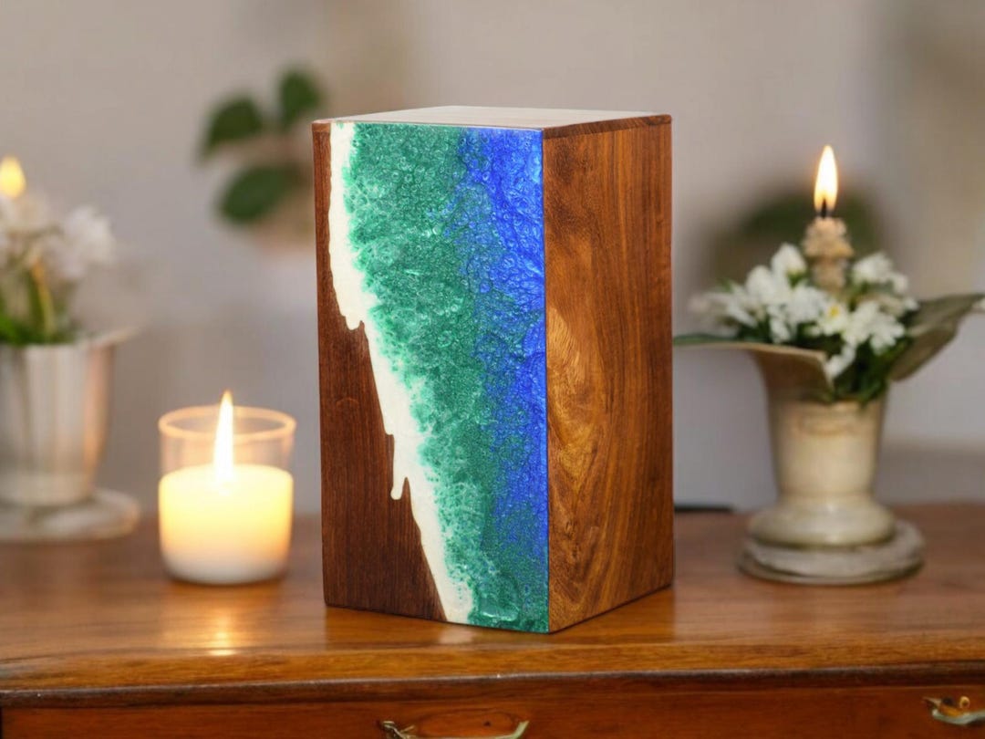 Prime Art 'Blue Storm' Wooden Urn For Ashes - Handcrafted, Large Size (200 Cubic Inches)-346857