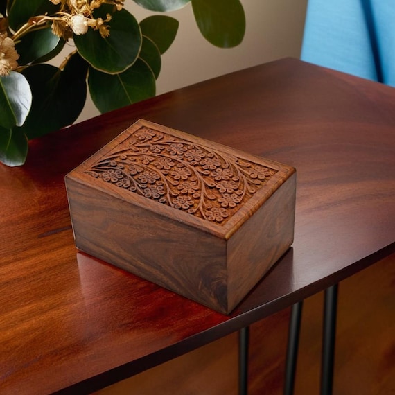 Handcarved Wooden Urn Box: Floral Cremation Ash Keepsake